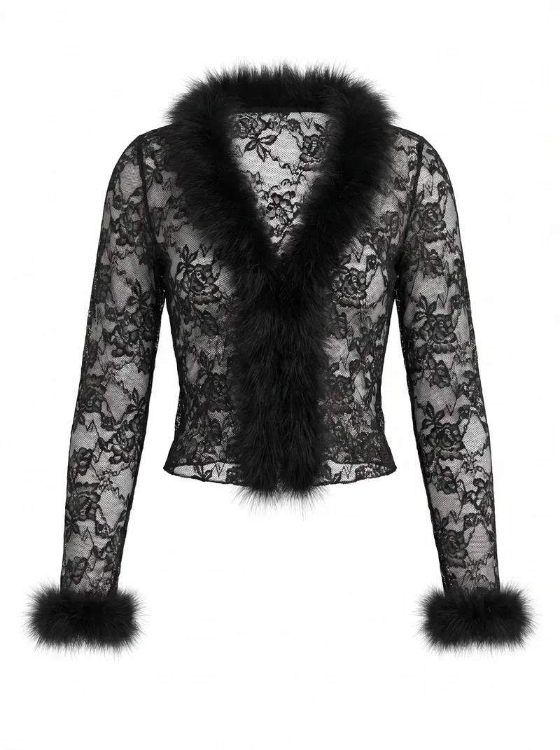 Top Feminina Sexy de Renda Transparente com Remendos Fofos e Amarração