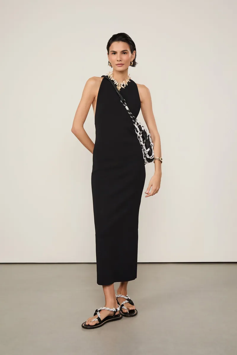 Vestido De Tricot Midi Preto Com Fenda e Decote Cavado Costas
