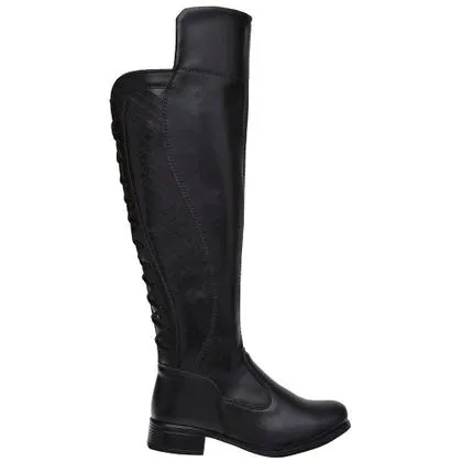 Bota Feminina Over Knee Preta Cano Alto Longo Cadarço Ziper Lateral Confortável - LF4