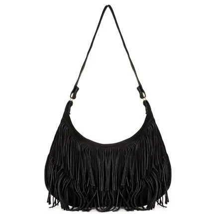 Bolsa Feminina de Couro de Ombro Franja Bolsa de Couro Boho Preto Star Shop