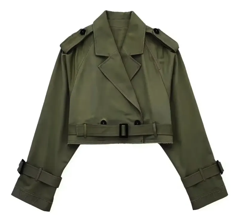 Jaqueta Cropped Feminina Estilo Trench Coat Curto Com Cinto