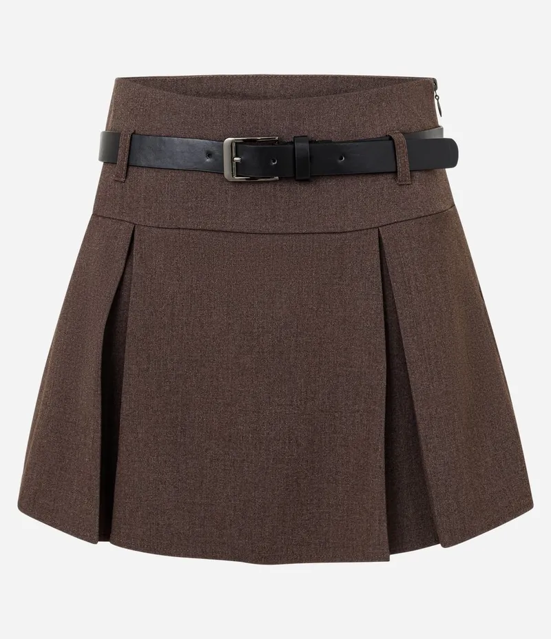 Short Saia Alfaiatado com Cinto e Plissado Marrom