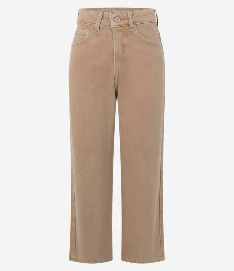 Calça Reta Cropped em Sarja com Cintura Alta Marrom Claro