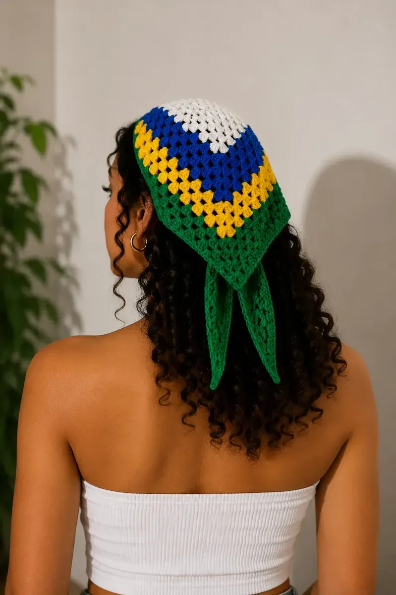 Bandana De Crochê Brasil Copa Do Mundo Verde Amarelo