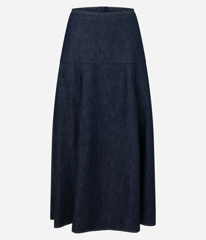 Saia Godê em Jeans com Recorte Cadeirão e Cintura Alta Azul Marinho
