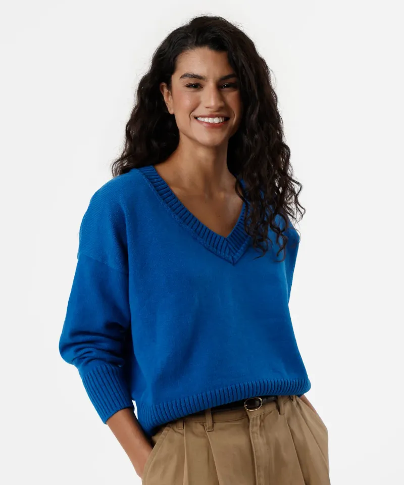 suéter feminino de tricot decote v azul