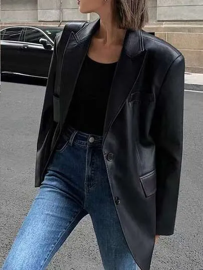 Nova Jaqueta de Couro PU Clássica Retrô Solta para Mulheres, Blazer Casual Preto Personalizado Estilo de Rua