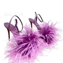 Sandálias Femininas Roxas Gradiente Românticas com Borlas de Pena, Salto Agulha de Seda Luxuosa, Bico Redondo, Abertas, com Fivela no Tornozelo Vermelha, Sapatos de Festa Sensuais - AliExpress 200000532