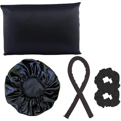 Kit Touca de Cetim e Modelador de Cachos Touca Cetim Anti Frizz Redução de Frizz Preto OEM