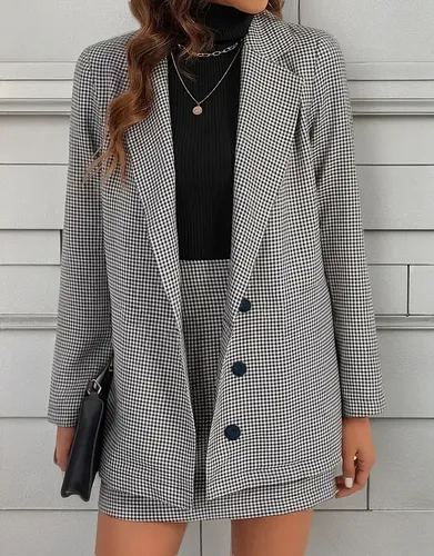 Conjunto Blazer E Saia Feminino Acinturado  Jaqueta - Xadrez