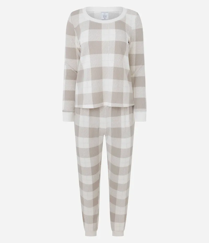 Pijama Longo Xadrez em Tricô Leve Branco