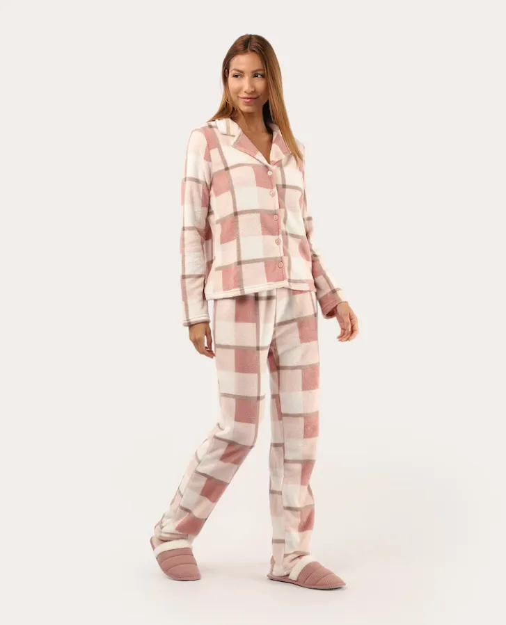 Pijama longo feminino americano em fleece xadrez - multicor
