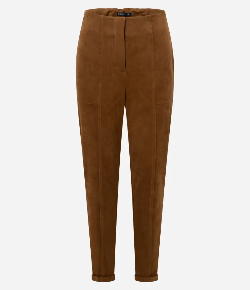 Calça Skinny em Suede com Barra Dobrada Marrom