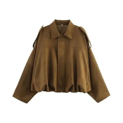 Jaqueta Bomber Feminina De Camurça Manga Longa Com Zíper E Gola Lapela Cropped Estilo Racing High - HXAO