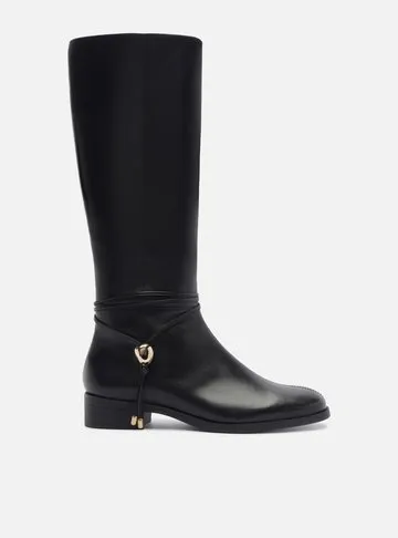 Bota Preta Couro Cano Longo Salto Bloco