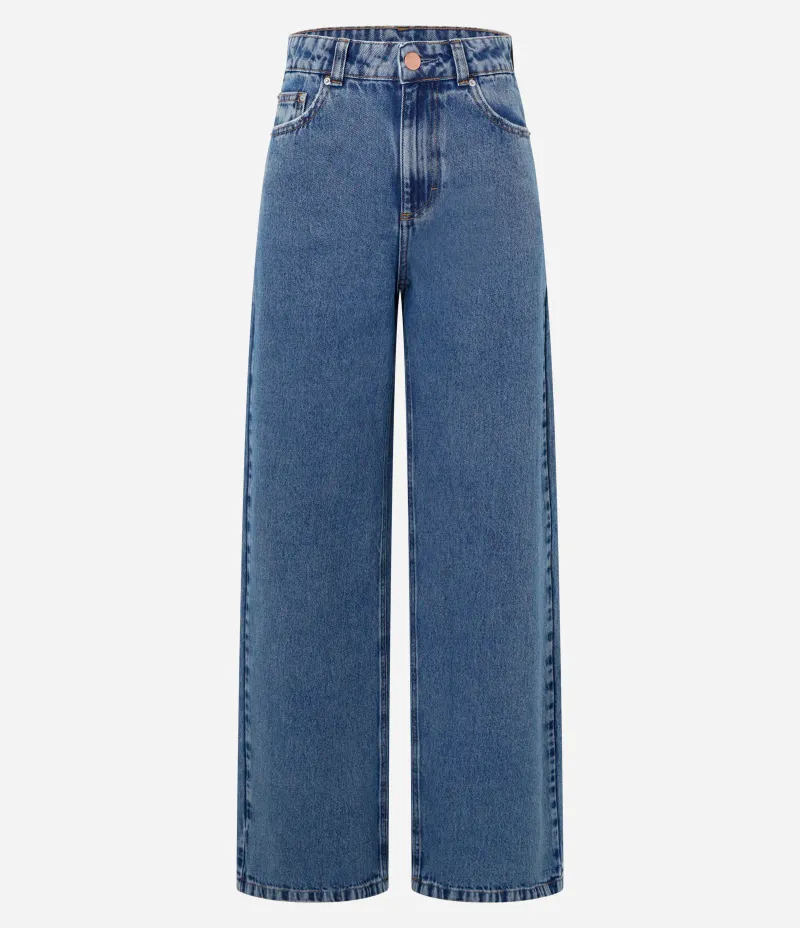 Calça Wide Leg Jeans com Cintura Alta e Pespontos Contrastantes Azul