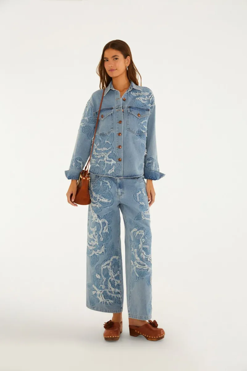 Camisa Jaqueta Jeans Bordado Flor