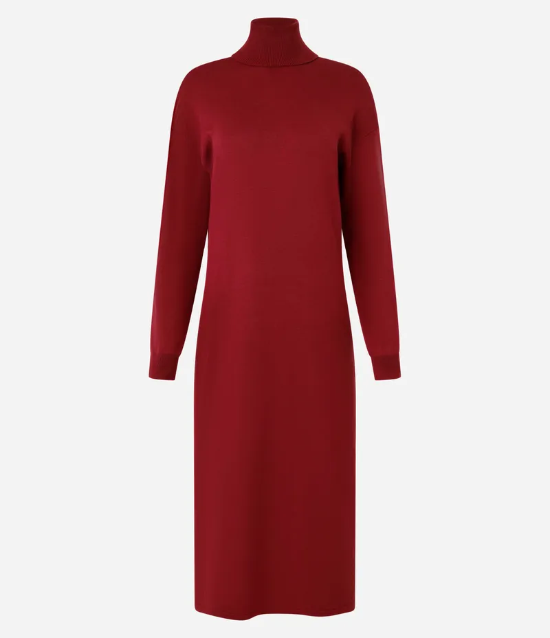 Vestido Midi em Tricô com Gola Alta e Manga Longa Vermelho