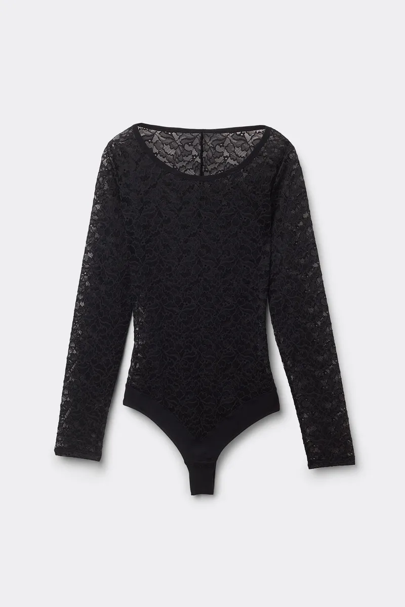 Body Manga Comprida Em Renda Delicate Pieces - Preto