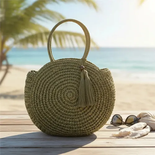 Bolsa Palha Artesanal Redonda Grande Praia Chaveiro Fibra