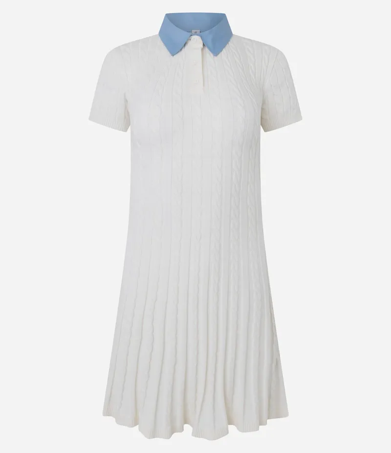 Vestido em Tricô com Textura e Gola Polo Branco