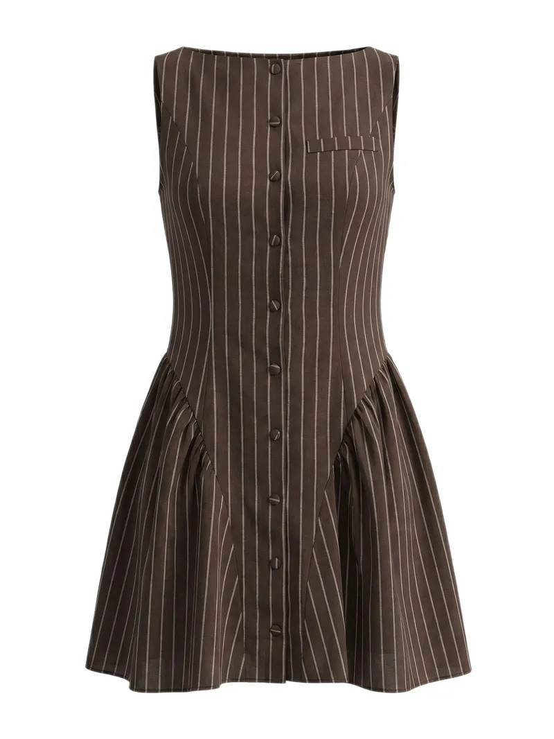 Vestido Curto Sem Mangas com Babado na Barra e Botões Listrados Marrons