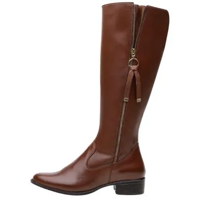 Bota Montaria Couro Feminino Cano Alto Zíper Lateral Moda Inverno Elegante Salto Baixo - KRN SHOES