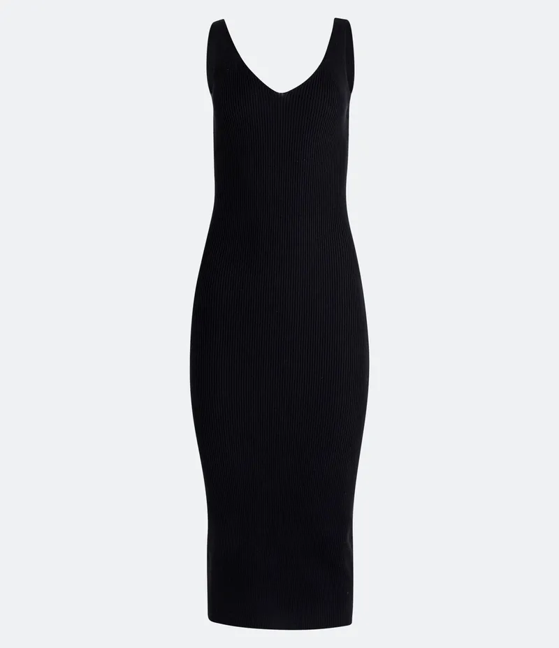 Vestido Midi em Tricô Texturizado com Decote V Preto