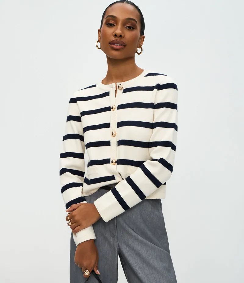 Cardigan em Tricô Listrado com Botões Azul
