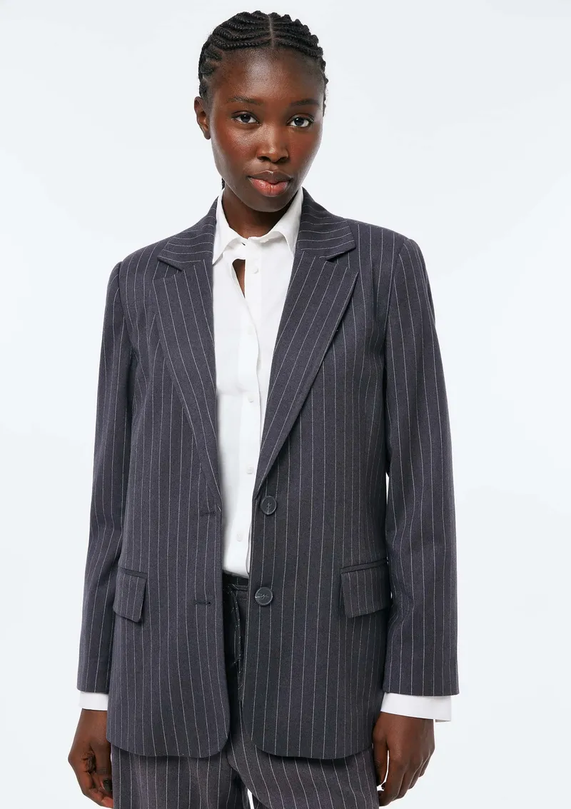 Blazer Feminino Risca De Giz Fio Tinto - Cinza