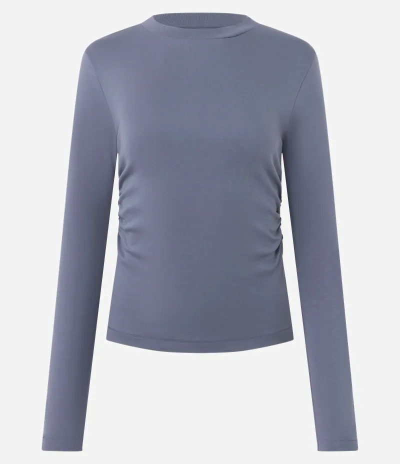 Blusa Manga Longa com Franzido na Cintura em Algodão Peruano Azul