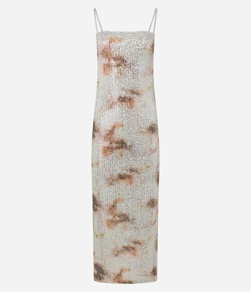 Vestido Long Midi em Paetê com Estampa Manchada Prata