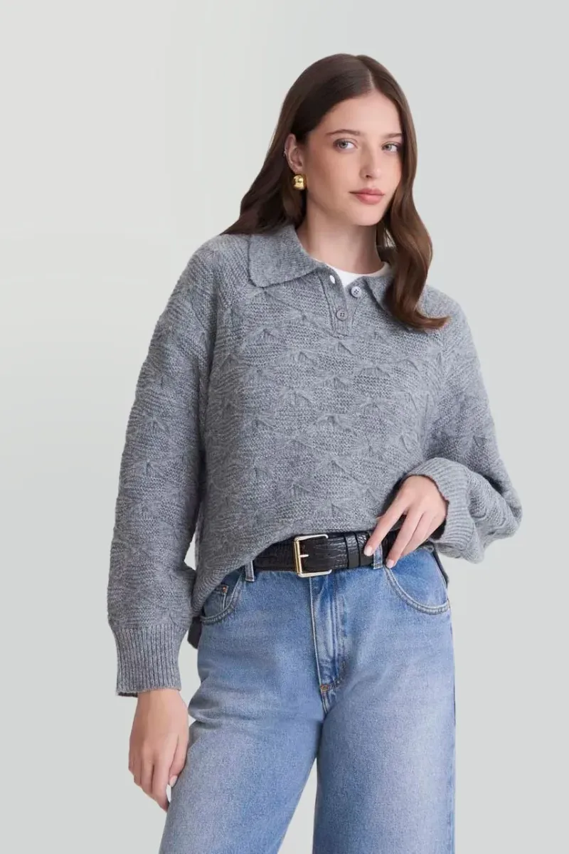 Blusa Polo Tricot Ornella - Cinza Mescla