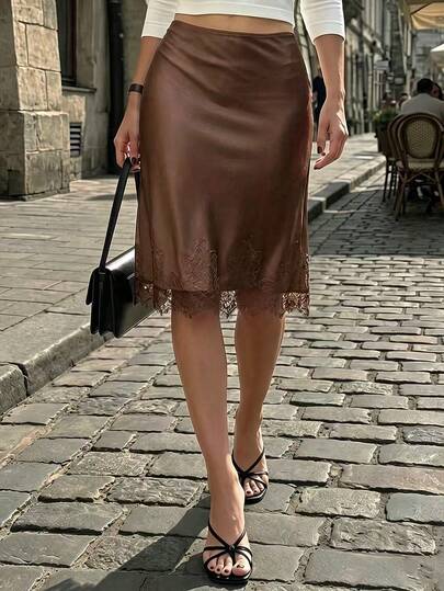 Perirose Saia Midi de Cetim Marrom Elegante Feminina, Saia Slip com Bainha de Renda, Uso Casual de Escritório e Diário, Streetwear Chique 2026
