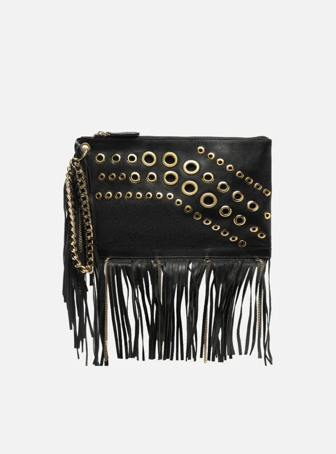 Clutch Preta Couro Média Franjas Ilhoses