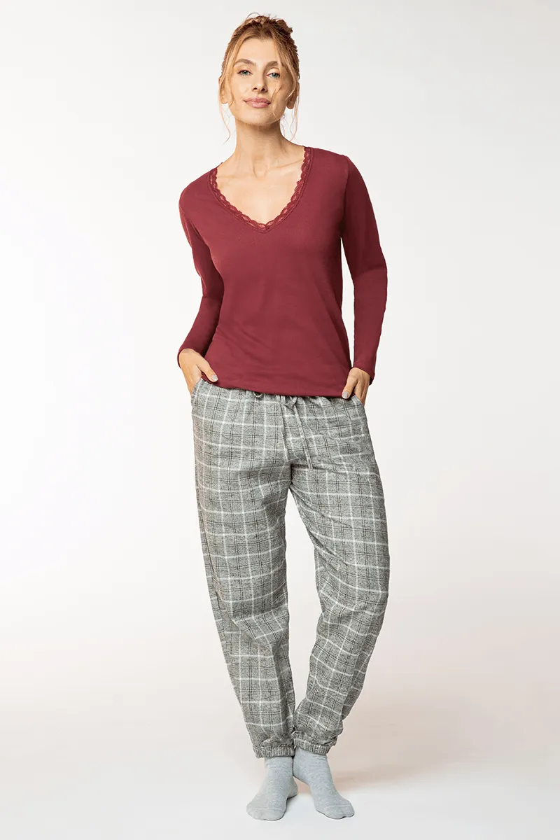 Pijama Longo Canelado com Renda Feminino Lupo