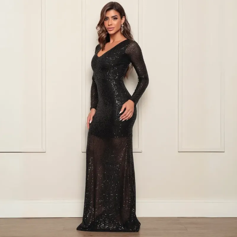 Vestido Longo Festa Manga Comprida Inverno Paete Elegante