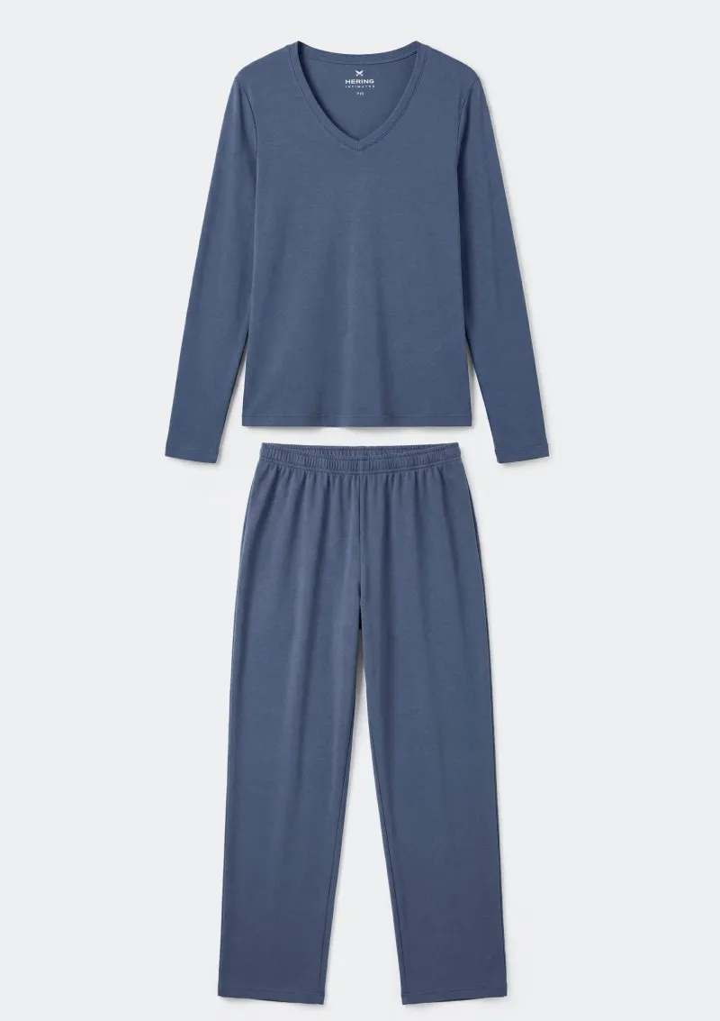 Pijama Feminino Longo Em Algodão - Azul