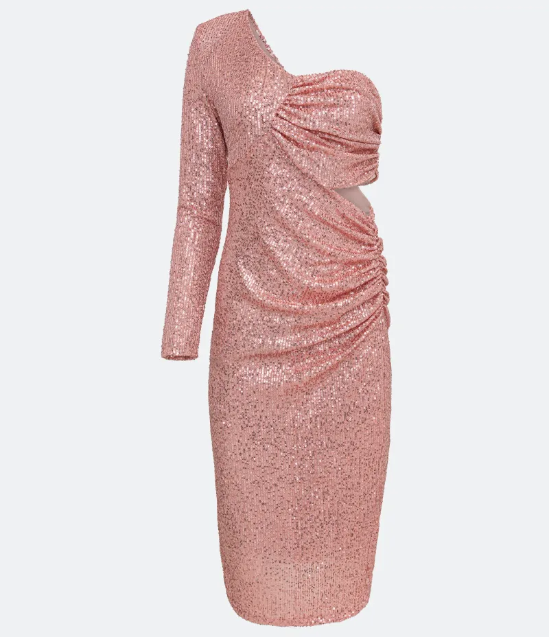 Vestido Midi em Malha de Paetês Dourado