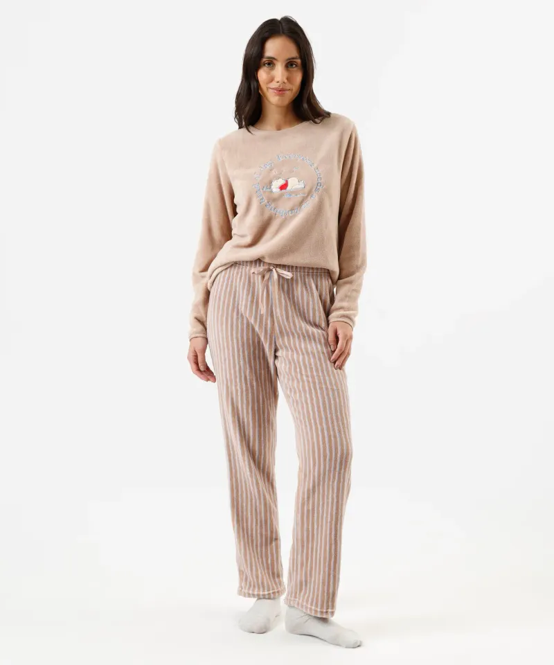 pijama longo feminino de fleece ursinho pooh listrado bege