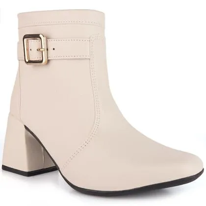 Bota Feminina Salto Bloco Grosso 7cm Cano Curto Zíper Moda Casual Inverno Elegante Antiderrapante - Pink Shoes
