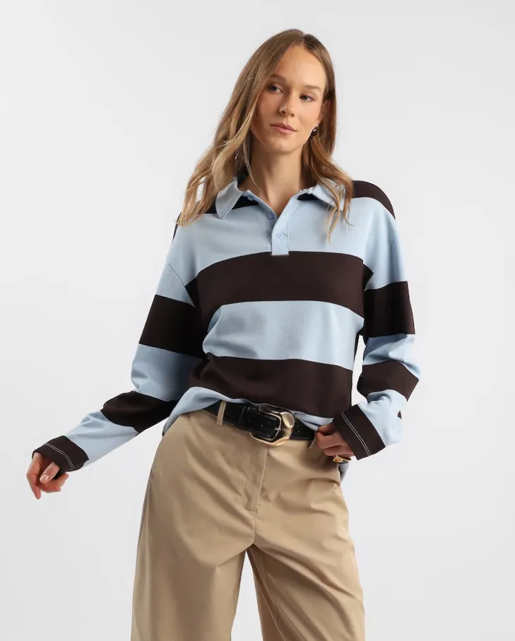 Polo feminina ampla listrada - Azul Claro