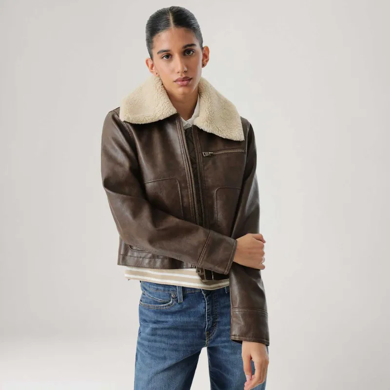 Jaqueta Couro Sintético Levi's® Giii Cropped Vintagem Aviator Sherpa Marrom