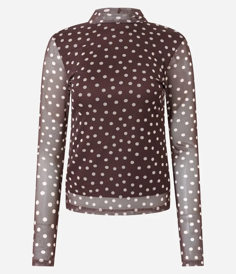 Blusa Manga Longa em Tule com Estampa Poa Marrom