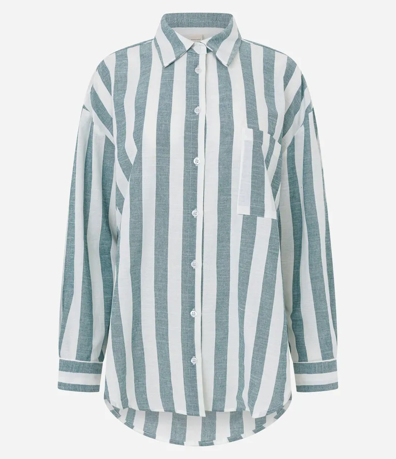 Camisa em Algodão com Estampa Listrada e Gola Polo Branco/Verde
