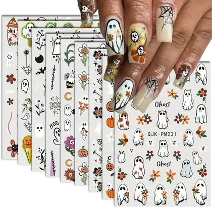 Adesivos de unhas de Halloween BHOOKA 9 folhas, autoadesivos 3D
