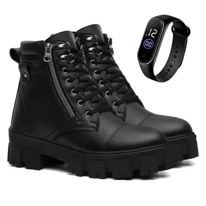 Kit Bota Feminina Coturno Feminino Zíper Lateral Tratorado Cano Curto Casual Preto Moda + Relogio - Lasyn Shoes