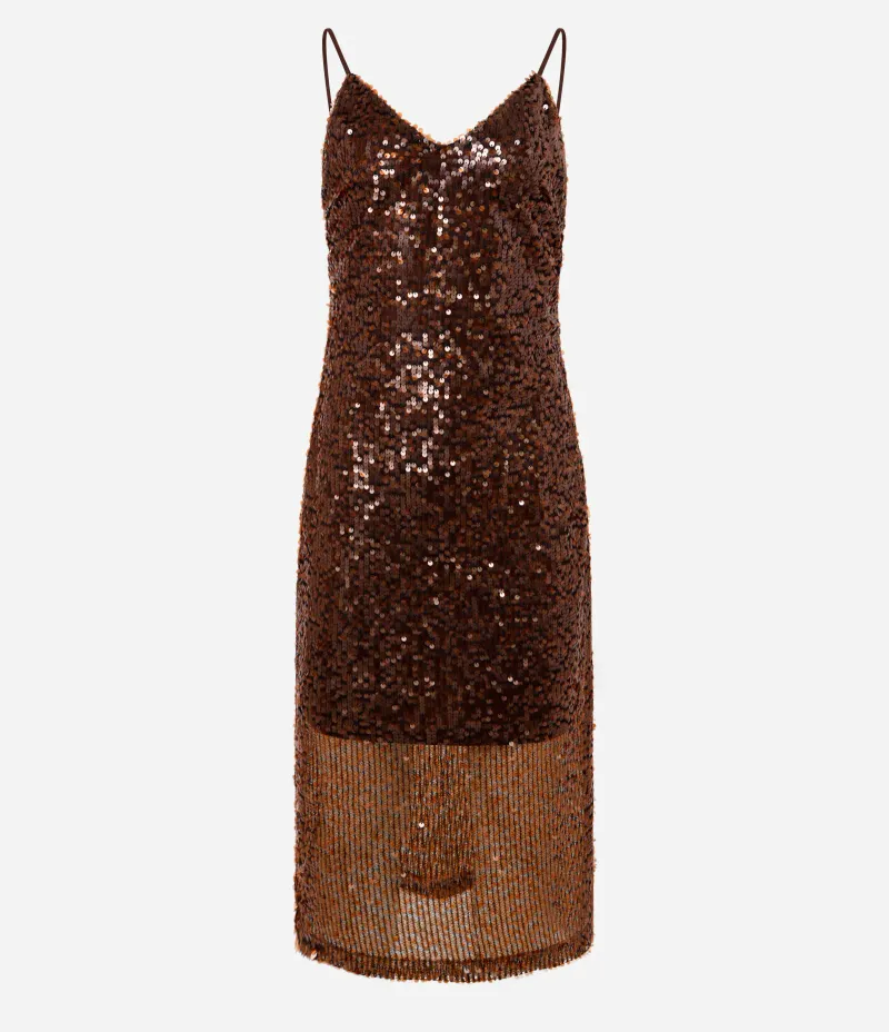 Vestido New Midi em Paetê com Alças Finas Marrom