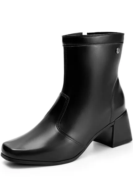 Bota Feminina Lumiss Cano Curto Salto Bloco Baixo Confortável Bico Quadrado Preto