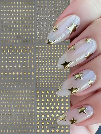 6 Peças Adesivos de Arte de Unhas Estrela 3D, Adesivos de Arte de Unhas Estrela e Letra com Relevo 3D Dourado com Glitter, Decalques de Arte de Unhas com Relevo com Glitter Autoadesivos, Decoração de Arte de Unhas DIY, Suprimentos para Unhas